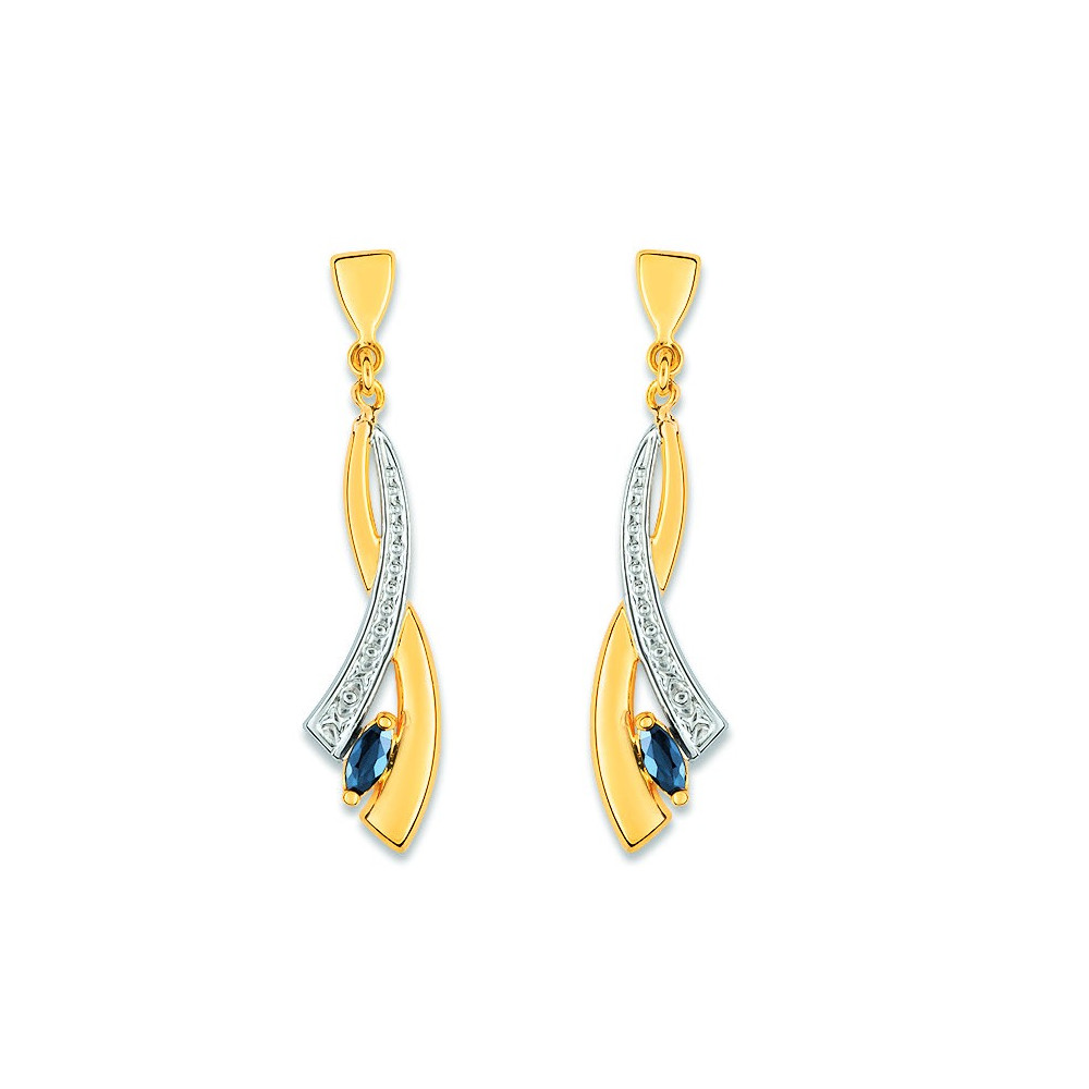 Les Boucles d'oreilles pendantes or bicolore 750/1000 et saphirs bleus taille navette by Stauffer