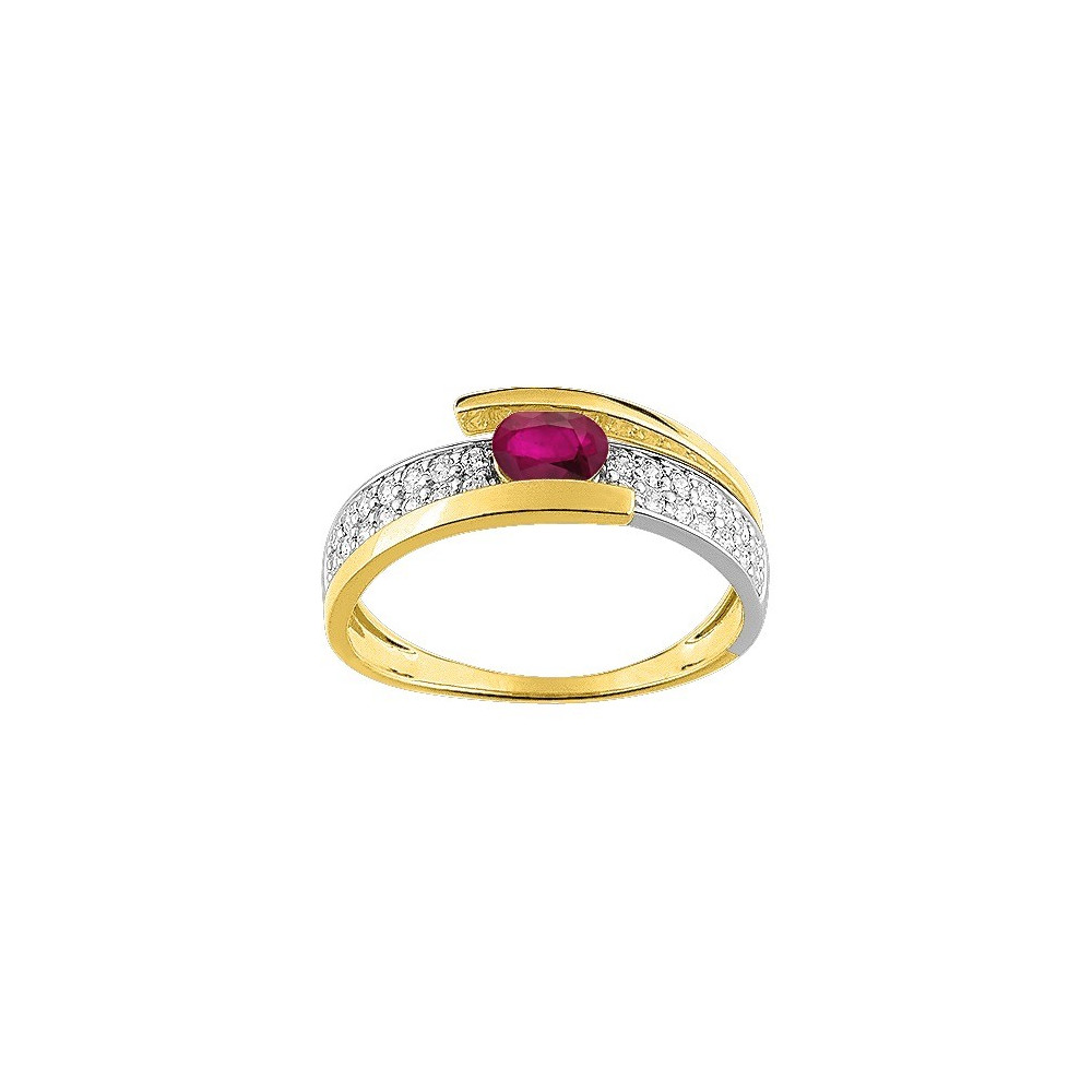 Bague or bicolore rubis et zirconium, élégance moderne