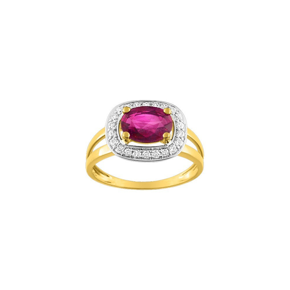 Bague or bicolore 375/1000, rubis taille ovale et oxydes de zirconium by Stauffer