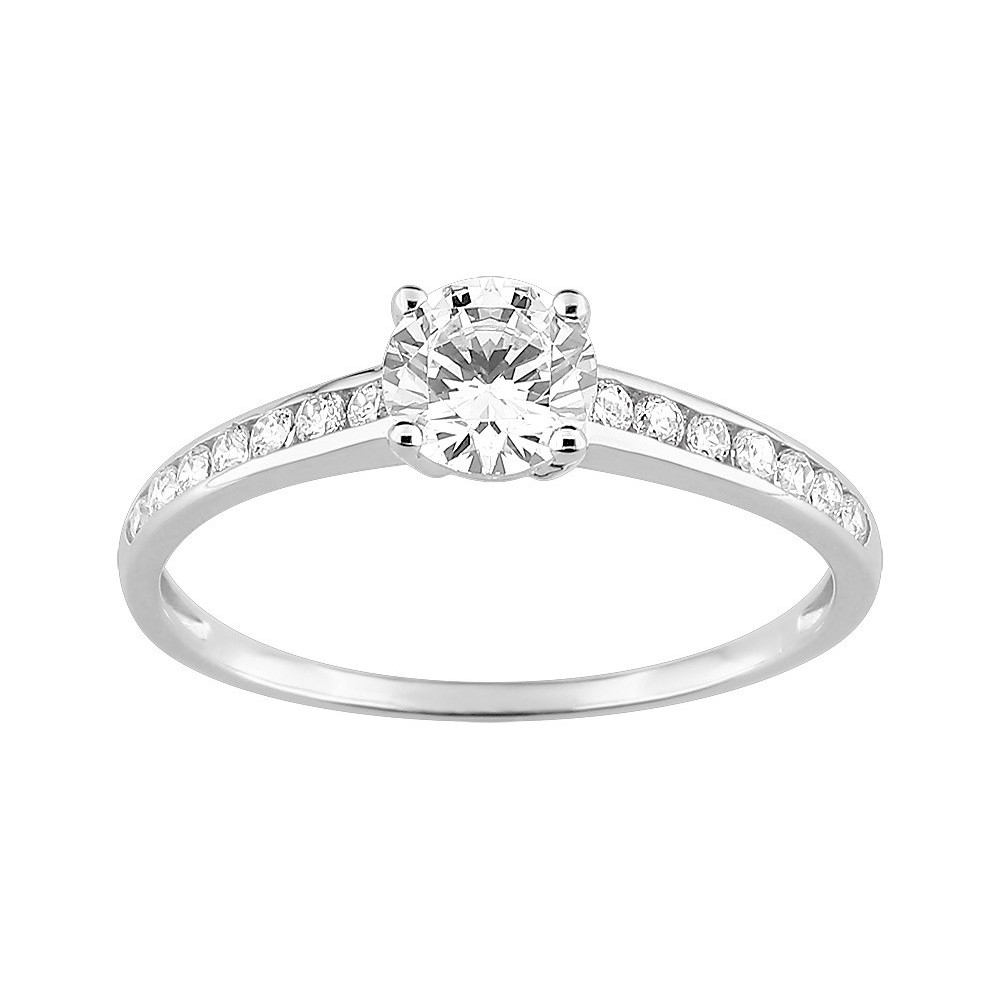 Bague solitaire accompagné or gris 375/1000, oxydes de zirconium taille brillant by Stauffer