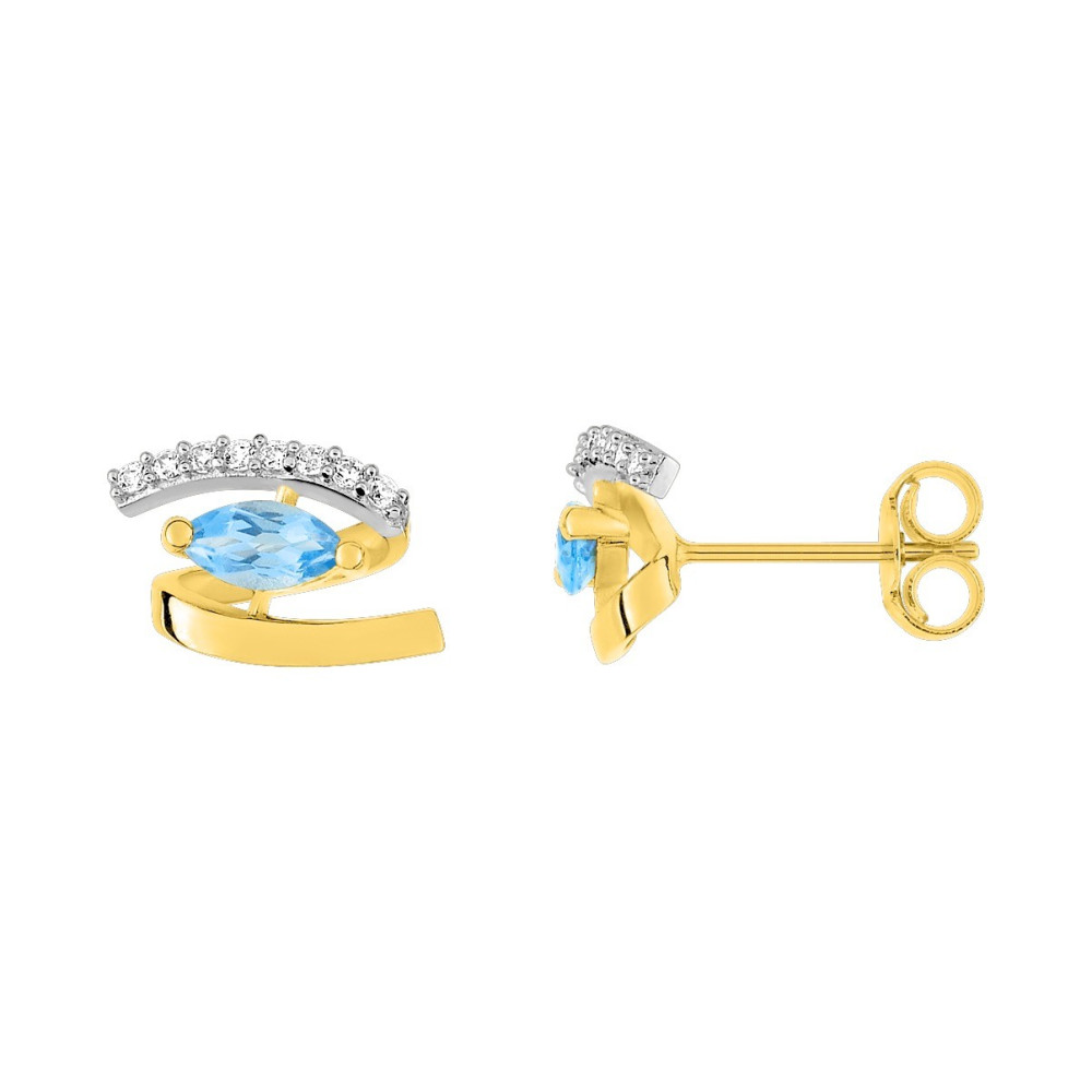 Les Boucles d'oreilles, or bicolore 375/1000, topazes bleues taille navette et oxydes de zirconium by Stauffer