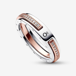 La Bague Pandora signature, pavé bi-matière, argent 925/1000 et dorée or rose 585/1000, 182773C01.