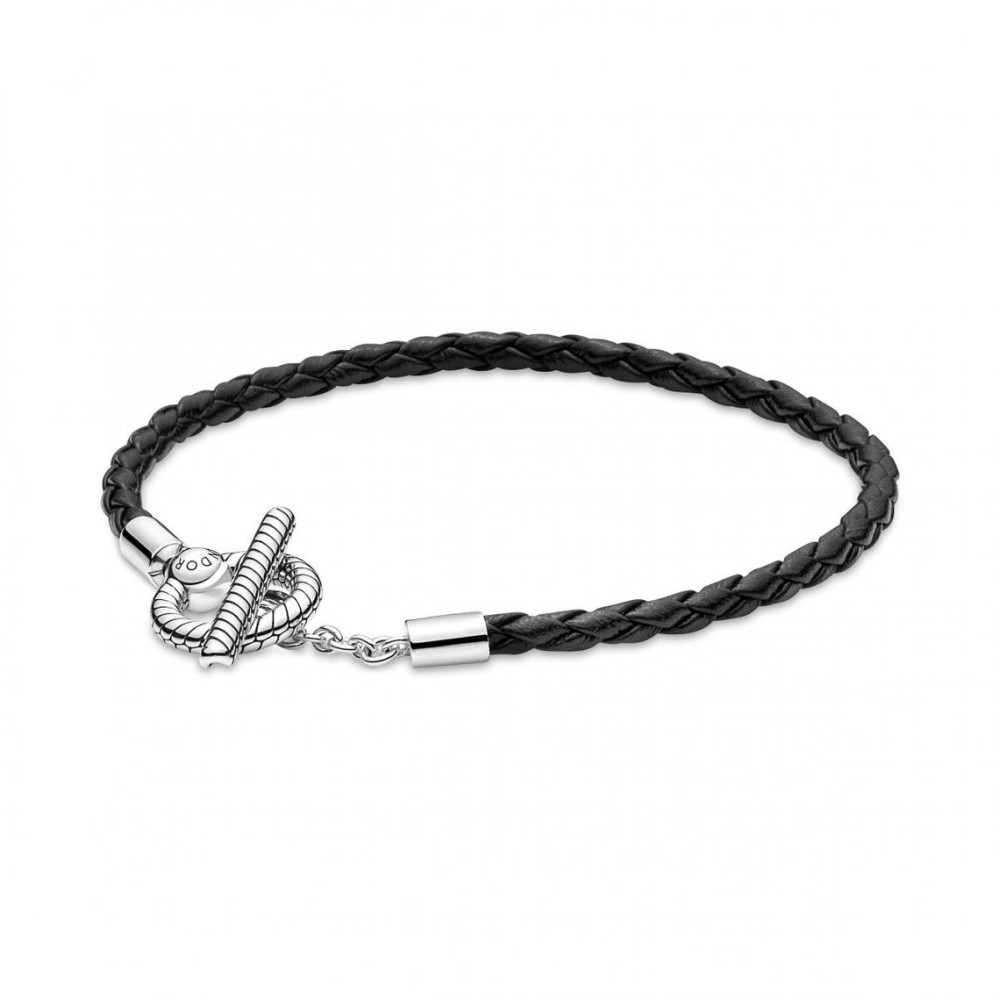 Le Bracelet Pandora moments, T tressé en cuir noir, en argent 925/1000e 591675C01-S.