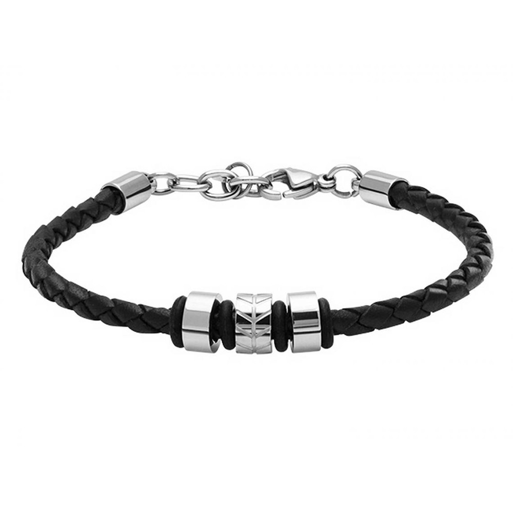Bracelet Cuir tressé MAJOR 4mm Noir et Chevrons acier 22cm, Rochet HB01401