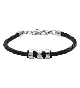 Bracelet Cuir tressé MAJOR 4mm Noir et Chevrons acier 22cm, Rochet HB01401