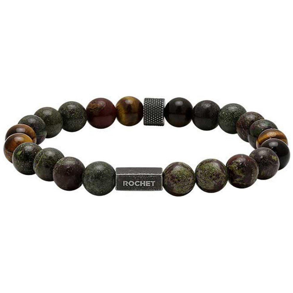 Bracelet ZEN Perles 8mm Jaspe verte, Oeil de tigre et Acier Vintage, Rochet HB2808