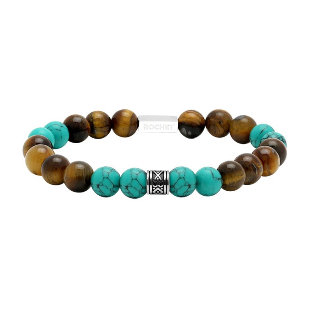Bracelet ZEN Perles 8mm Oeil de tigre, turquoise verte et Acier, Rochet HB2888028
