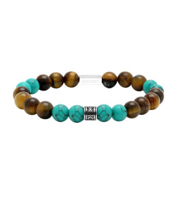 Bracelet ZEN Perles 8mm Oeil de tigre, turquoise verte et Acier, Rochet HB2888028