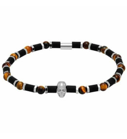 Bracelet élastique SKULL 4 mm Acier, silicone et Oeil de tigre, Rochet HB55403