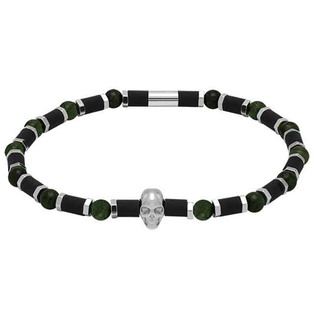 Bracelet élastique SKULL 4 mm Acier, silicone et Pierre de lave verte, Rochet HB55408