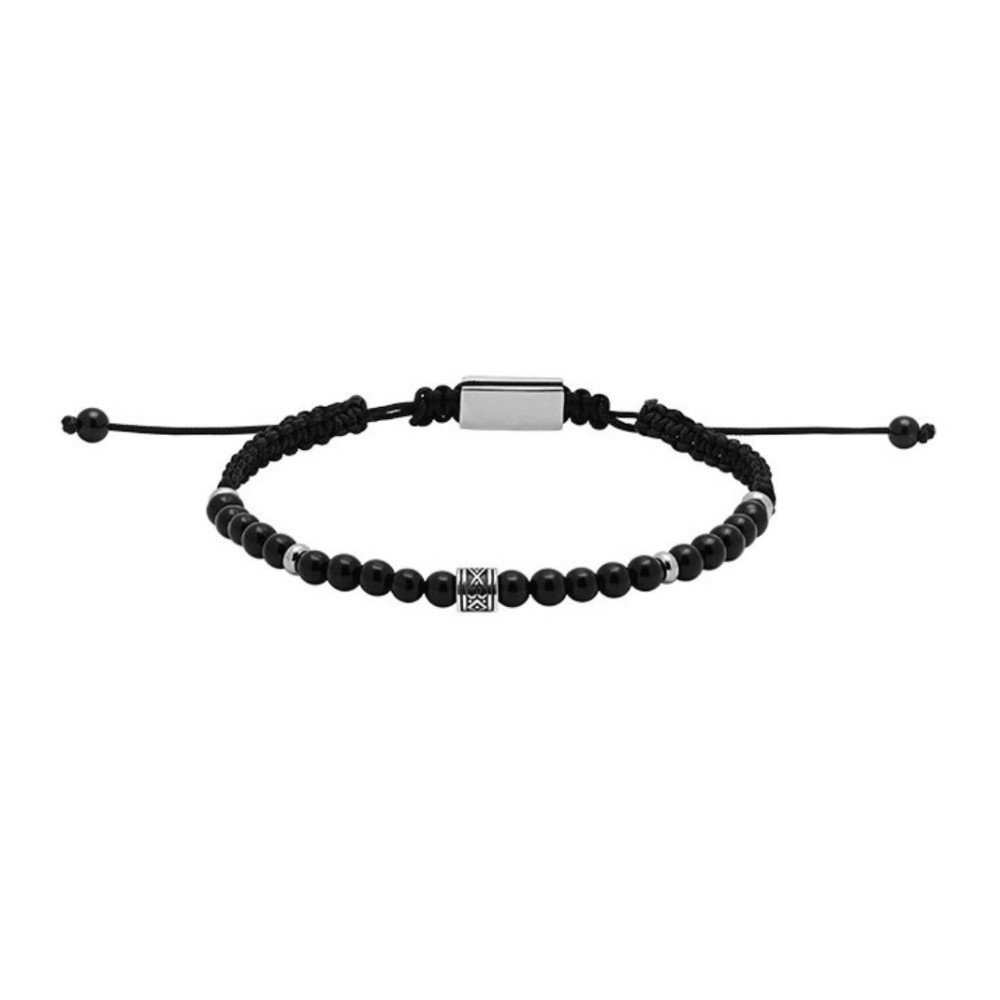 Bracelet TALISMAN Acier poli, perles 4mm Agates noires et Polyester, Rochet HB57482
