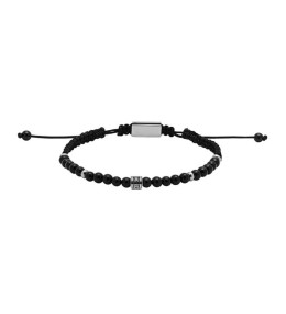 Bracelet TALISMAN Acier poli, perles 4mm Agates noires et Polyester, Rochet HB57482