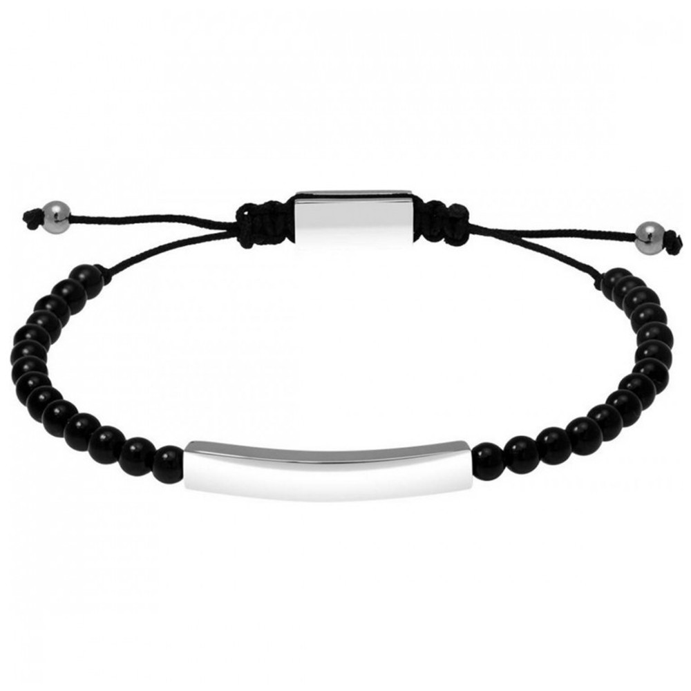 Bracelet Acier poli TALISMAN perles 5mm Agate noire et Polyester noir, Rochet HB57580