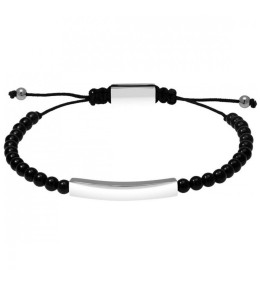 Bracelet Acier poli TALISMAN perles 5mm Agate noire et Polyester noir, Rochet HB57580