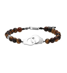Bracelet TALISMAN Menottes Acier poli, perles 6mm Oeil de tigre et Polyester, Rochet HB57603