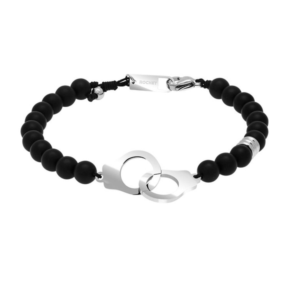 Bracelet TALISMAN Menottes Acier poli, perles 6mm Agates noires et Polyester, Rochet HB57682