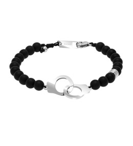 Bracelet TALISMAN Menottes Acier poli, perles 6mm Agates noires et Polyester, Rochet HB57682