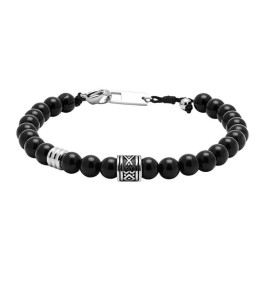 Bracelet TALISMAN Acier poli, perles 6mm Agates noires et Polyester, Rochet HB57684