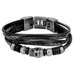 Bracelet FURY 14mm 5 cuirs tressés Noir et perles Acier Tête de mort, Rochet HB6401