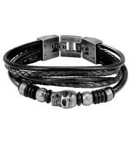 Bracelet FURY 14mm 5 cuirs tressés Noir et perles Acier Tête de mort, Rochet HB6401