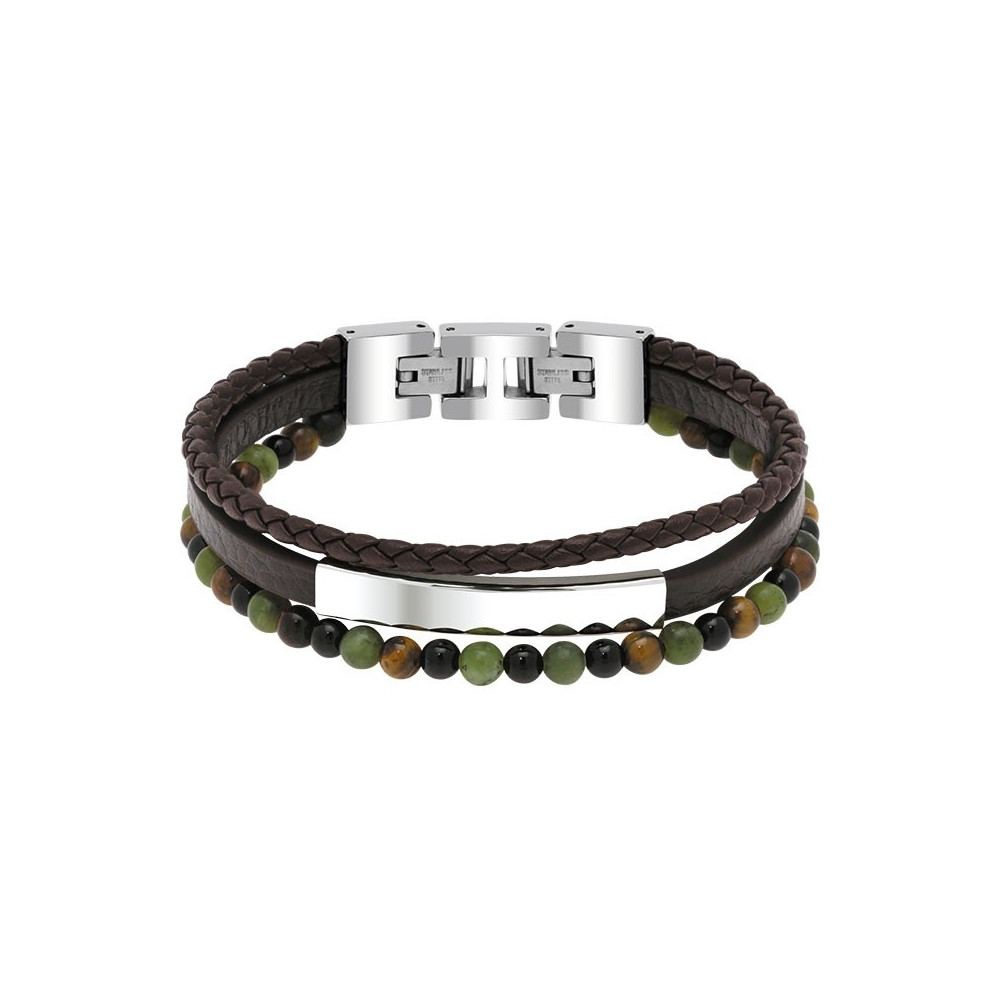 Bracelet YALE Acier et Cuir plat 5mm tressé 3mm Marron, perles 4mm, Rochet HB6608