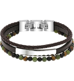 Bracelet YALE Acier et Cuir plat 5mm tressé 3mm Marron, perles 4mm, Rochet HB6608