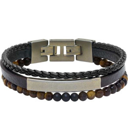 Bracelet YALE PVD Jaune vintage et Cuir plat Marron 5mm, tressé, Rochet HB6609