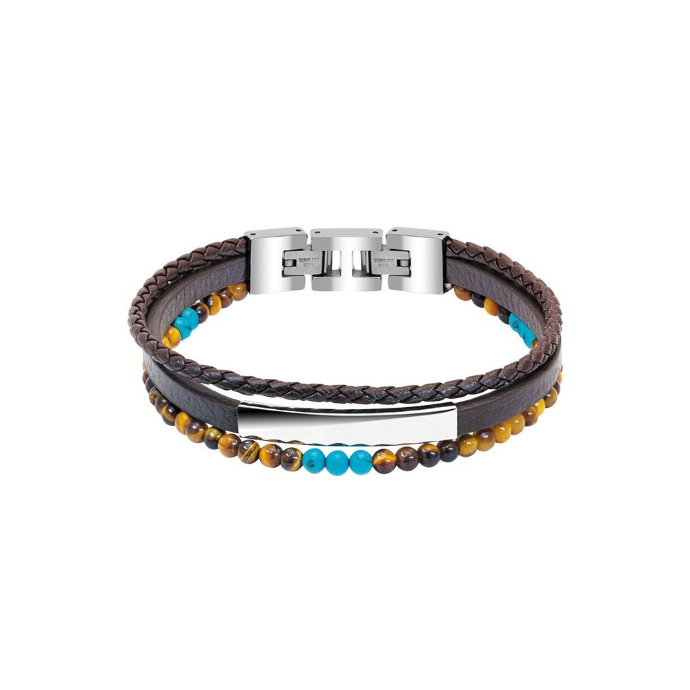 Bracelet YALE Acier et Cuir plat 5mm tressé 3mm Marron, perles 4mm, Rochet HB6633