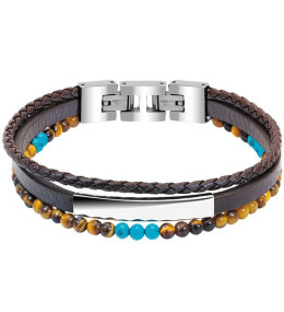 Bracelet YALE Acier et Cuir plat 5mm tressé 3mm Marron, perles 4mm, Rochet HB6633