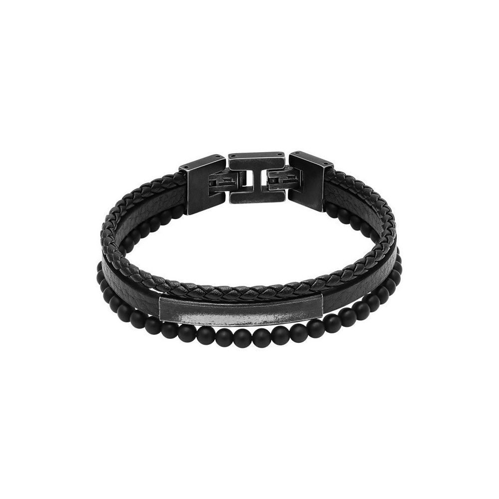 Bracelet YALE Acier vintage et Cuir plat 5mm Noir tressé 3mm Noir, Rochet HB6691