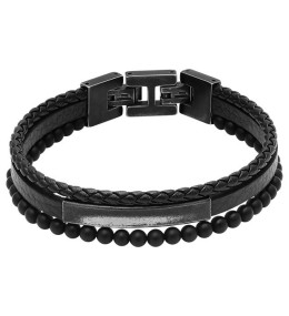 Bracelet YALE Acier vintage et Cuir plat 5mm Noir tressé 3mm Noir, Rochet HB6691
