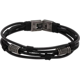 Bracelet TOTEM Acier vintage, Cuir et Cordon coton Noir 21cm, Rochet HB7301