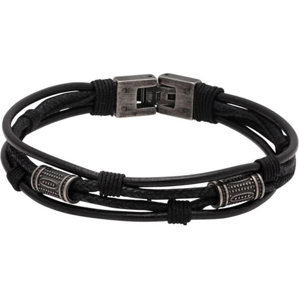 Bracelet TOTEM Acier vintage, Cuir et Cordon coton Noir 21cm, Rochet HB7301