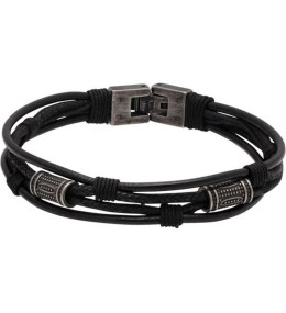 Bracelet TOTEM Acier vintage, Cuir et Cordon coton Noir 21cm, Rochet HB7301