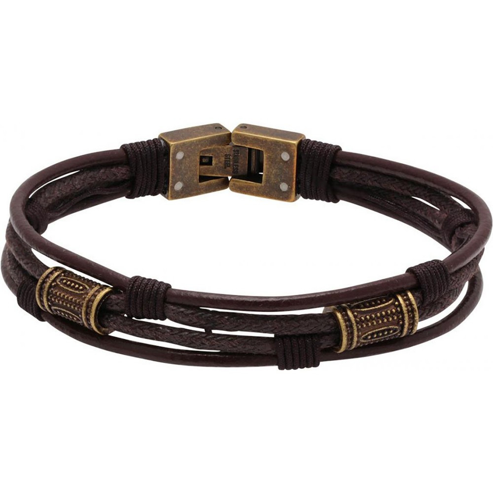 Bracelet TOTEM PVD Jaune vintage, Cuir et Cordon coton Marron 21cm, Rochet HB7303