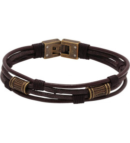 Bracelet TOTEM PVD Jaune vintage, Cuir et Cordon coton Marron 21cm, Rochet HB7303