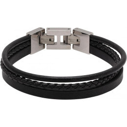 Bracelet STANFORD Acier poli et 3 cuirs Noir plat, rond et tressé, Rochet HB7601
