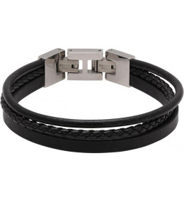 Bracelet STANFORD Acier poli et 3 cuirs Noir plat, rond et tressé, Rochet HB7601