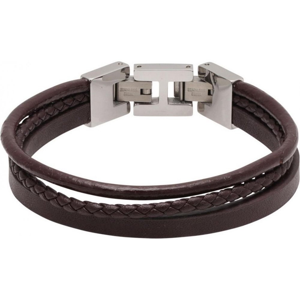 Bracelet STANFORD Acier poli et 3 cuirs Marron plat, rond et tressé, Rochet HB7603