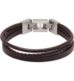 Bracelet STANFORD Acier poli et 3 cuirs Marron plat, rond et tressé, Rochet HB7603