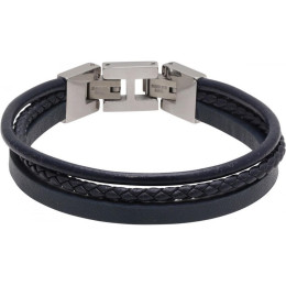 Bracelet STANFORD Acier poli et 3 cuirs Marine plat, rond et tressé, Rochet HB7606