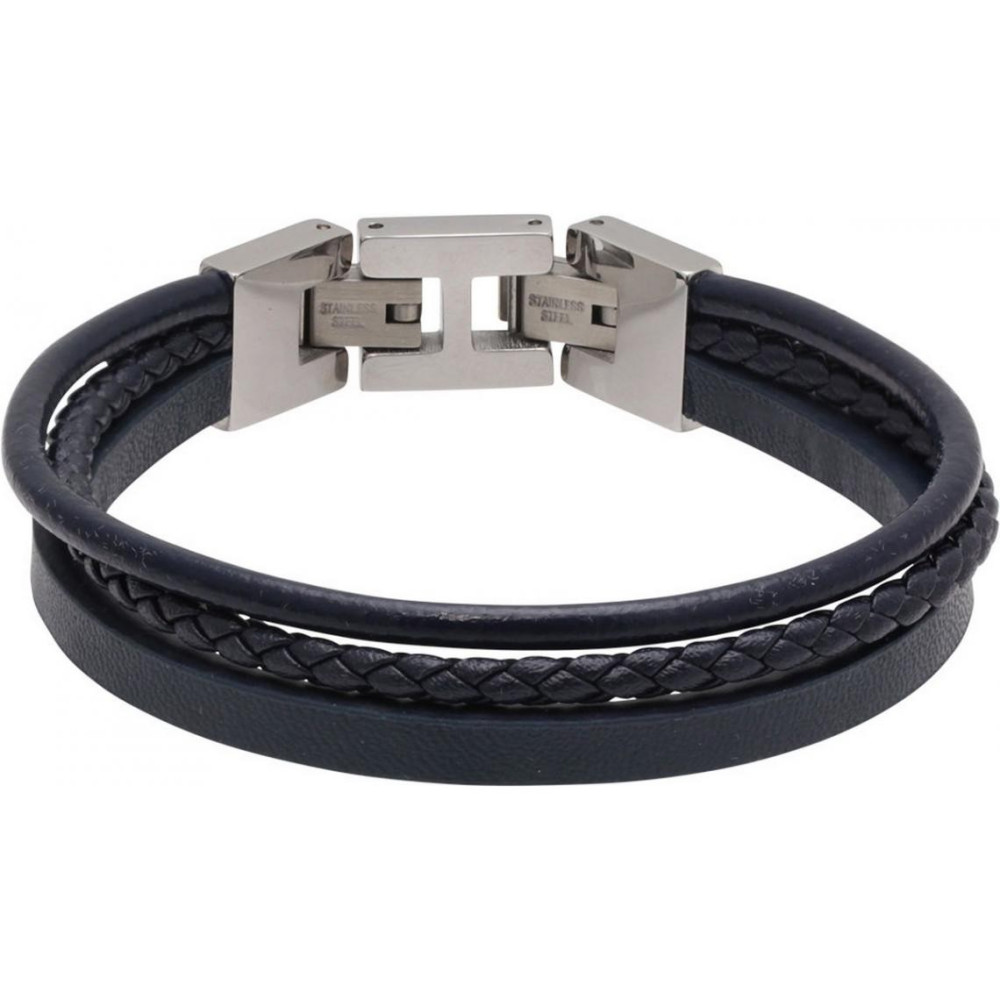 Bracelet STANFORD Acier poli et 3 cuirs Marine plat, rond et tressé, Rochet HB7606