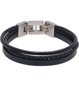 Bracelet STANFORD Acier poli et 3 cuirs Marine plat, rond et tressé, Rochet HB7606
