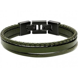 Bracelet STANFORD Acier vintage et 3 cuirs Kaki plat, rond et tressé, Rochet HB7645