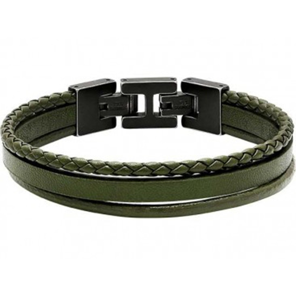 Bracelet STANFORD Acier vintage et 3 cuirs Kaki plat, rond et tressé, Rochet HB7645