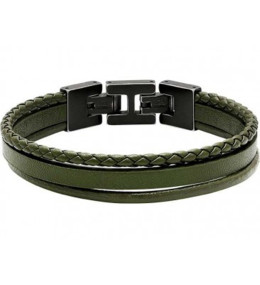 Bracelet STANFORD Acier vintage et 3 cuirs Kaki plat, rond et tressé, Rochet HB7645