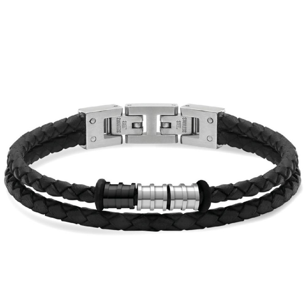 Bracelet GENTLEMAN 8mm Cuirs tressés Noir et perles Acier poli 21cm, Rochet HB8001 Bracelet GENTLEMAN 8mm Cuirs tressés Noir et perles Acier poli 21cm, Rochet HB8001