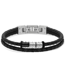Bracelet GENTLEMAN 8mm Cuirs tressés Noir et perles Acier poli 21cm, Rochet HB8001