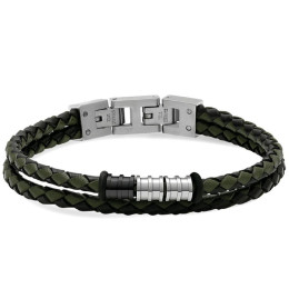 Bracelet GENTLEMAN 8mm Cuirs tressés Noir et Kaki, perles Acier poli, Rochet HB8045