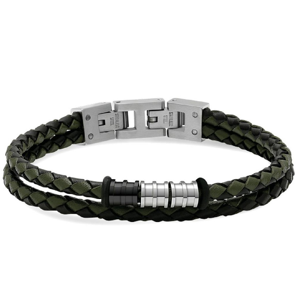 Bracelet GENTLEMAN 8mm Cuirs tressés Noir et Kaki, perles Acier poli, Rochet HB8045